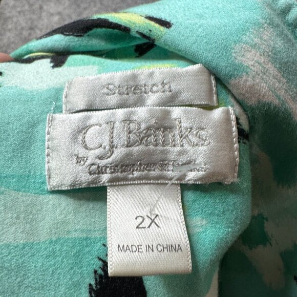 CJ Banks Jacket Womens Plus 2X Teal Green Geometric Button 3/4 Sleeve Stretch - Picture 3 of 8